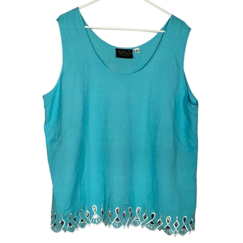 NWOT Bob Mackie Wearable Art Linen Blend Tank Embroidered Eyelet Blue Size 1X